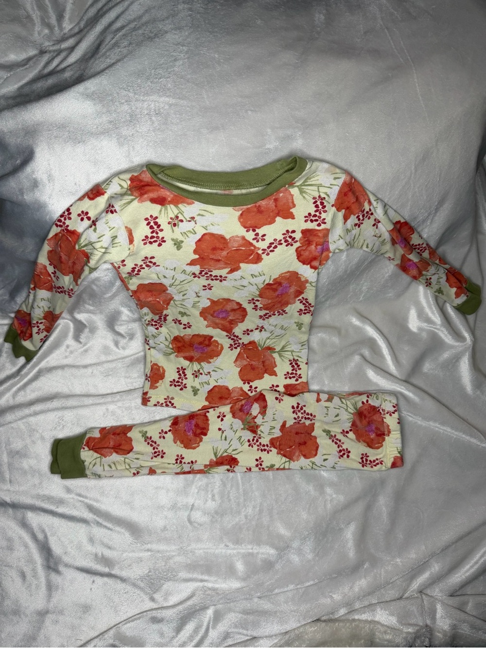 Girls Burts Bees 3t Floral Cotton Pajama Set in Cream and Orange with Olive Trim
